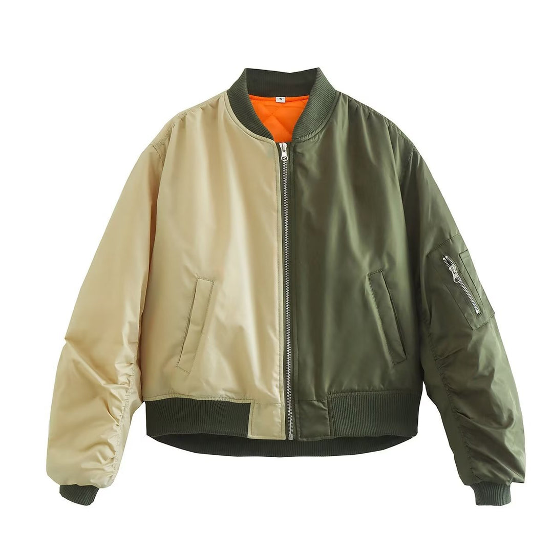 Women's two-tone bomber jacket with reversible look, zipper, arm pocket, and ribbed hem Mune Fashion
