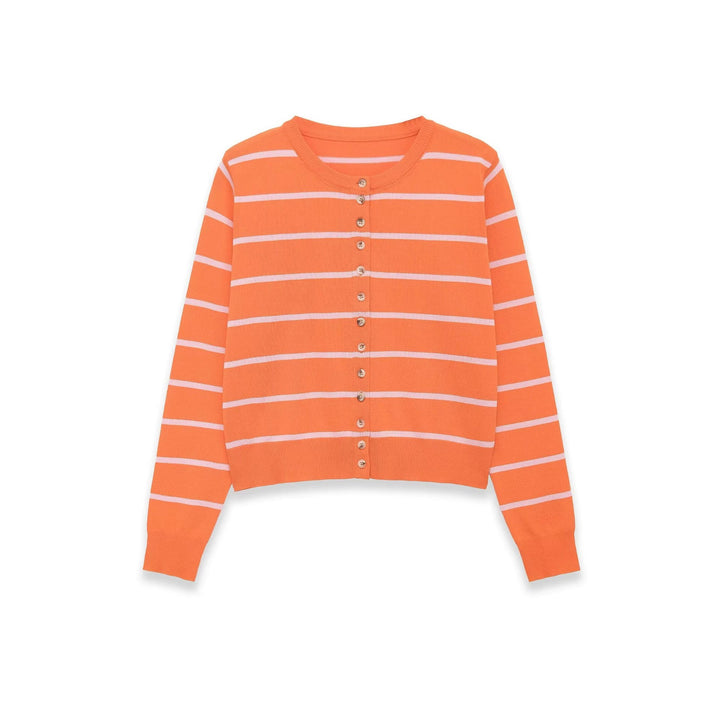 Women's fine knit cardigan short cut with button placket and striped pattern Mune Fashion