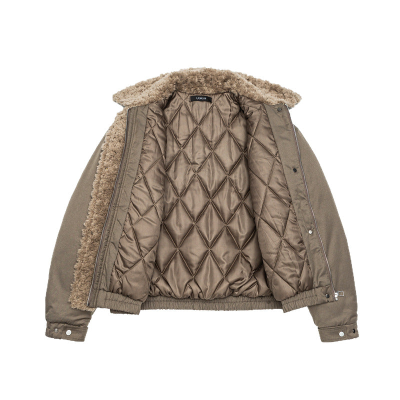 Women's Short Cut Teddy-Lined Blouson Jacket with Faux Fur Collar Mune Fashion