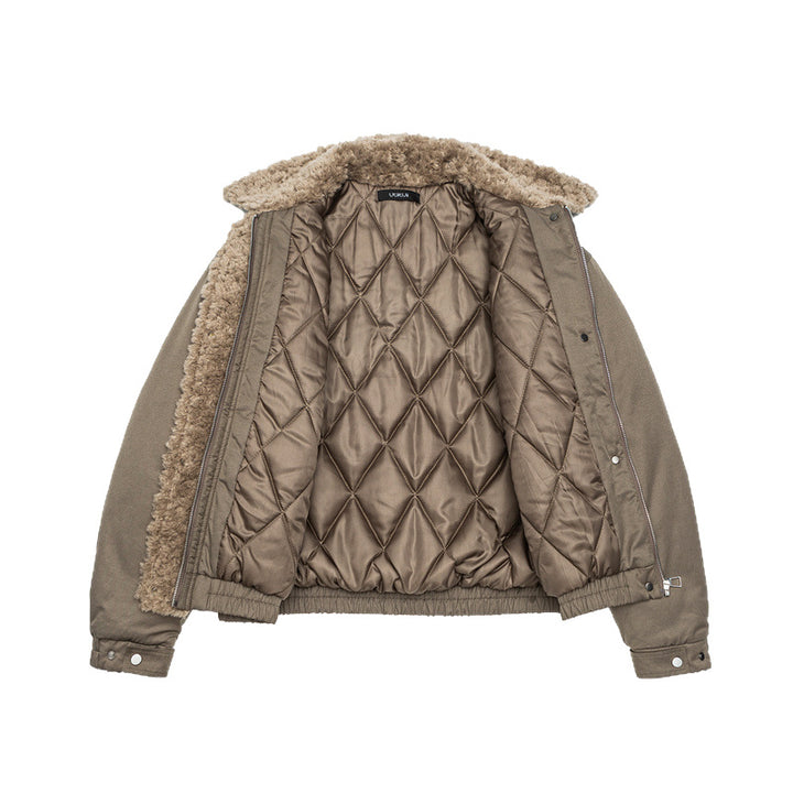 Women's Short Cut Teddy-Lined Blouson Jacket with Faux Fur Collar Mune Fashion