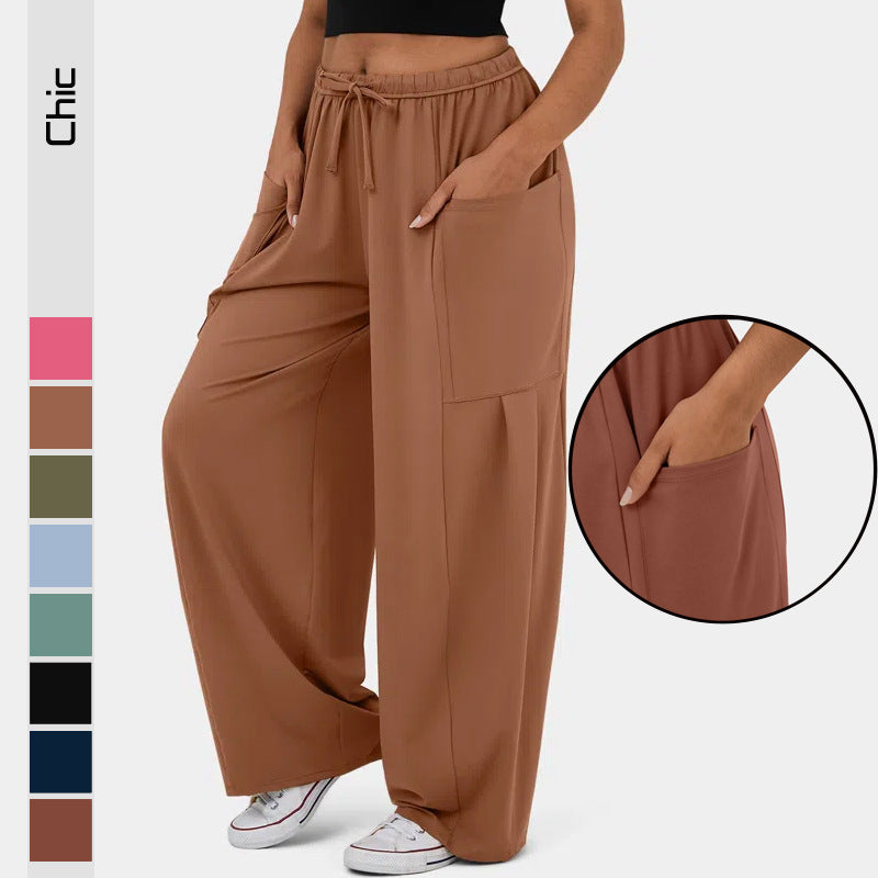 Women's Wide Relaxed Pants with High Elastic Waistband, Drawstring and Large Cargo Pockets Mune Fashion