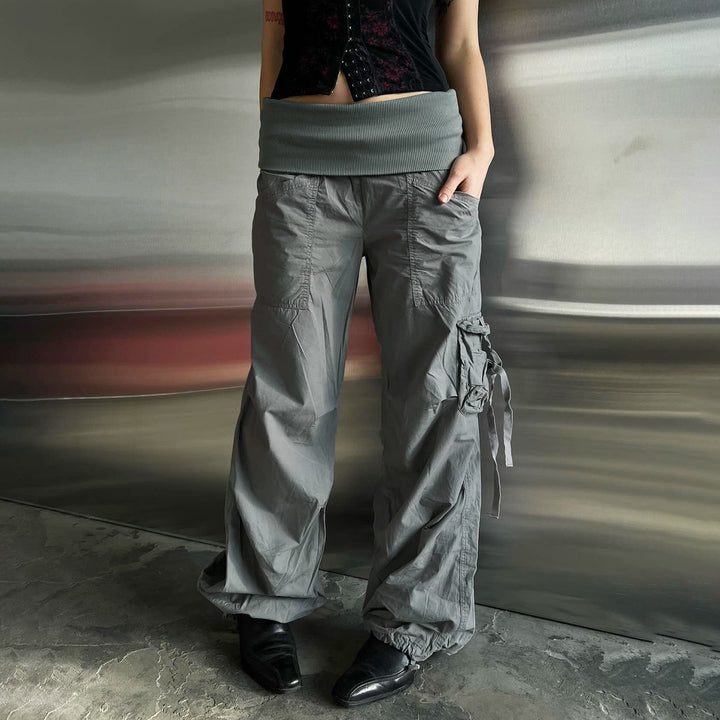 Women's Wide Cargo Pants with High Cuff, Utility Pocket and Drawstring Mune Fashion