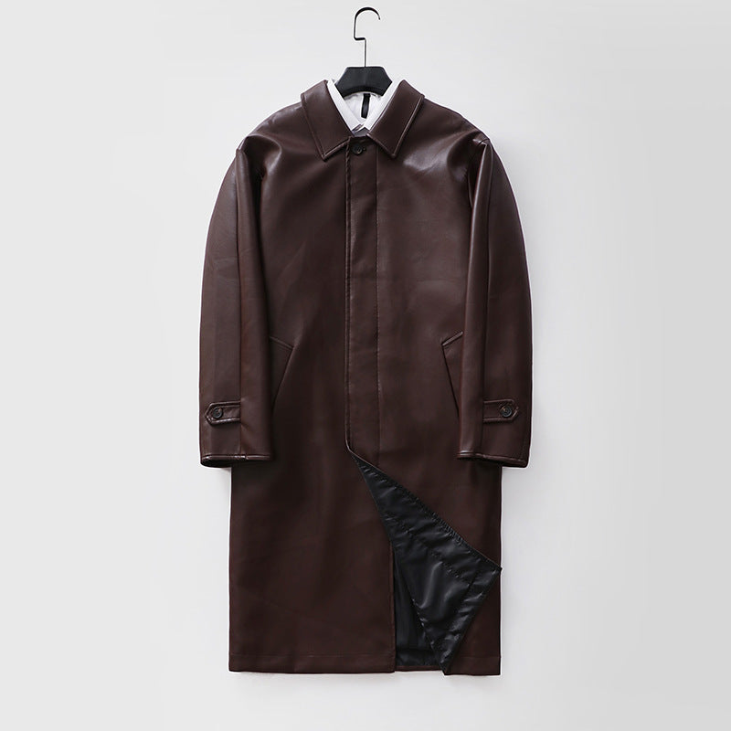 Men's longer minimalist faux leather coat with shirt collar, concealed button placket, and straight cut Mune Fashion