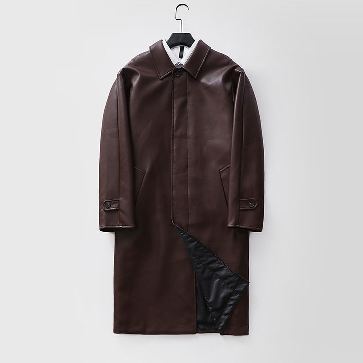 Men's longer minimalist faux leather coat with shirt collar, concealed button placket, and straight cut Mune Fashion