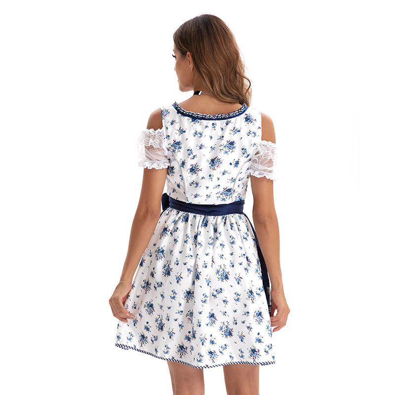 Ladies' short traditional dress in Bavarian style with laced bodice, lace collar, and apron skirt Mune Fashion