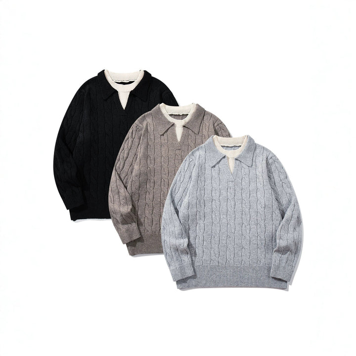 Unisex Structured Cable Knit Sweater with Polo Collar and Deep V-neck Mune Fashion