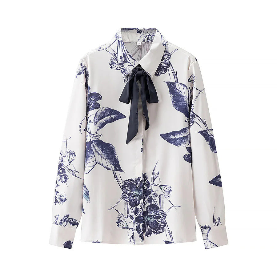 Women's satin shirt with bow collar and floral print Mune Fashion