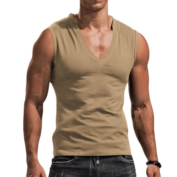 Men's sleeveless muscle shirt with deep V-neck made of stretchy jersey and close-fitting design Mune Fashion