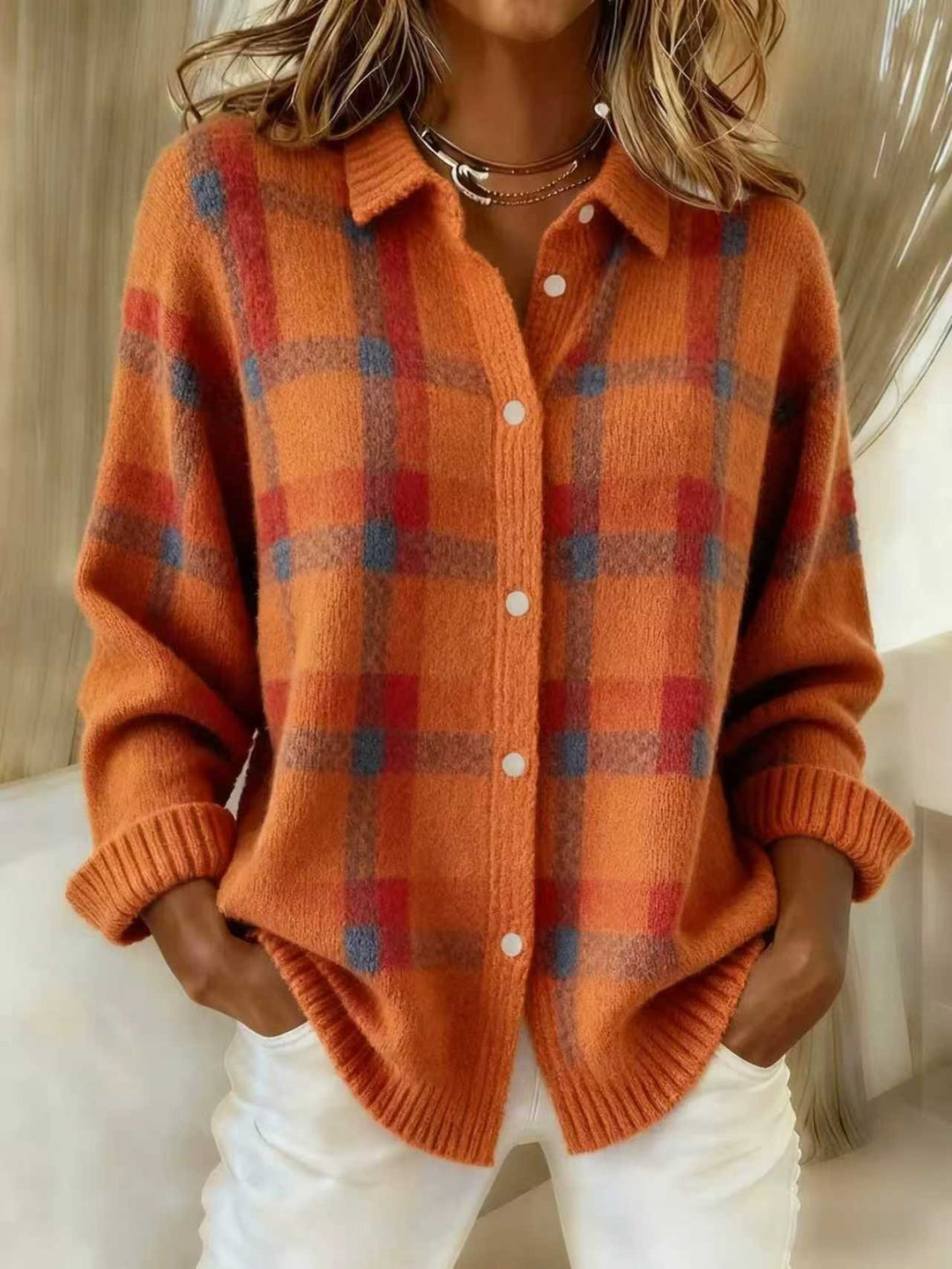 Women's Checked Knit Shirt Jacket Cardigan with Shirt Collar and Ribbed Cuffs Mune Fashion