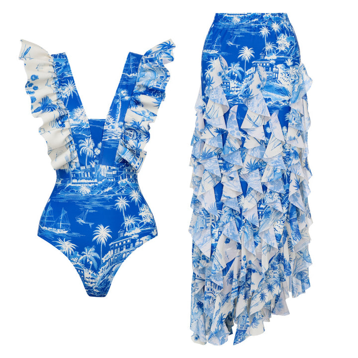 Women's one-piece swimsuit with voluminous ruffle details and matching skirt Mune Fashion