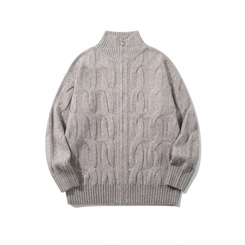 Unisex Chunky Knit Zip-up Cardigan with Cable Pattern and High Ribbed Collar Mune Fashion