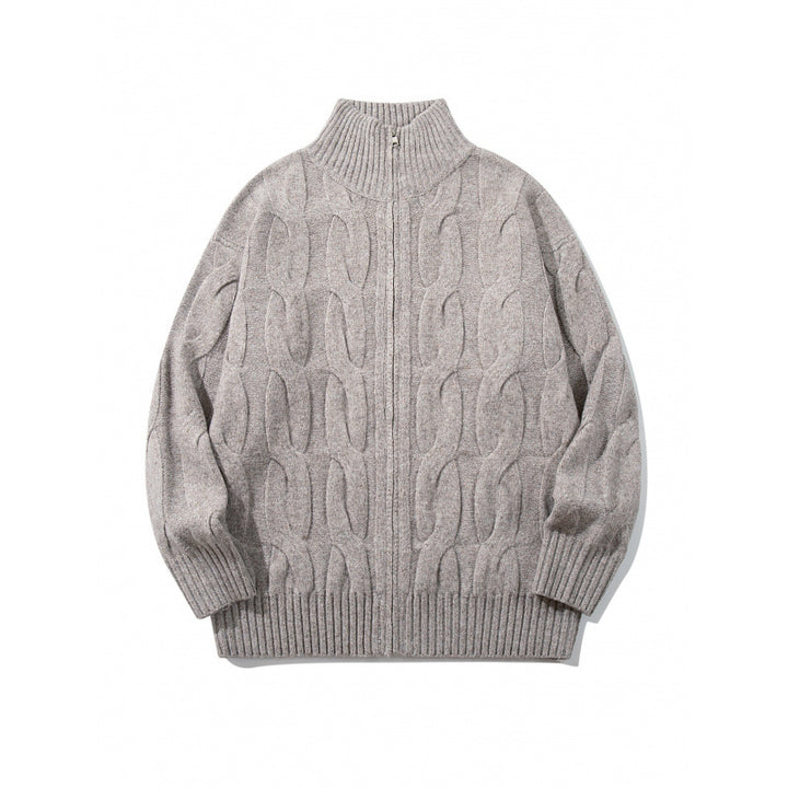 Unisex Chunky Knit Zip-up Cardigan with Cable Pattern and High Ribbed Collar Mune Fashion