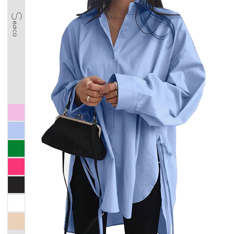 Women Oversized Long Blouse with Drawstring and Wide Cuff Sleeve