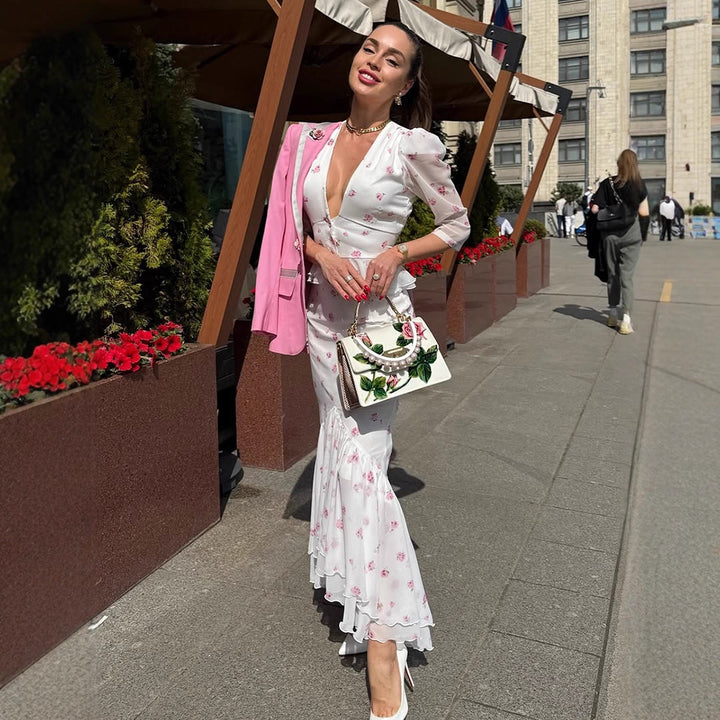 Women's Floral Satin Midi Dress with Deep V-Neck, Puff Sleeves, and Tailored Gathering Mune Fashion