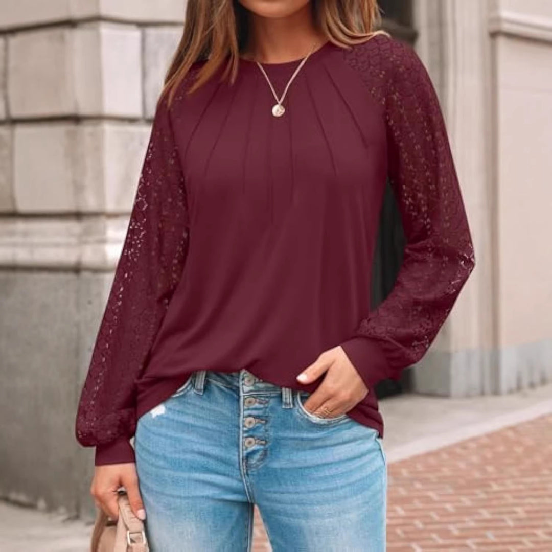 Ladies long-sleeve blouse with lace inserts and box pleats Drune