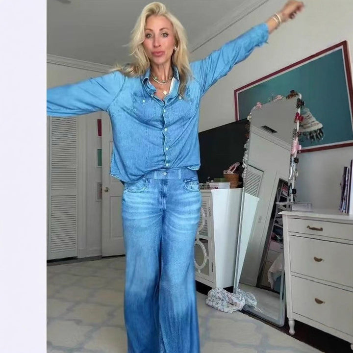 Women Relaxed Denim Loungewear Set with Oversized Shirt and Wide Flare Pants Mune Fashion