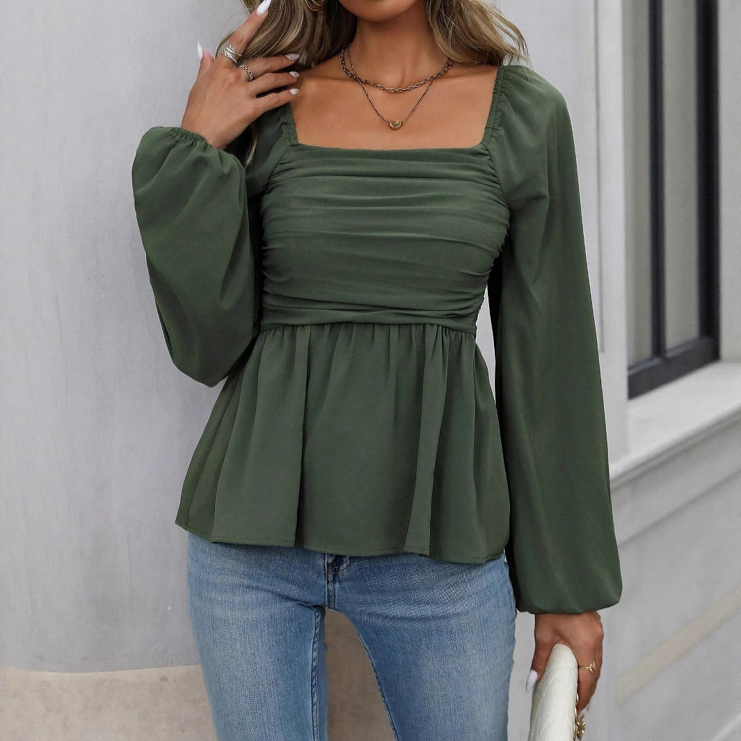Ladies gathered peplum blouse with square neckline and balloon sleeves Mune Fashion
