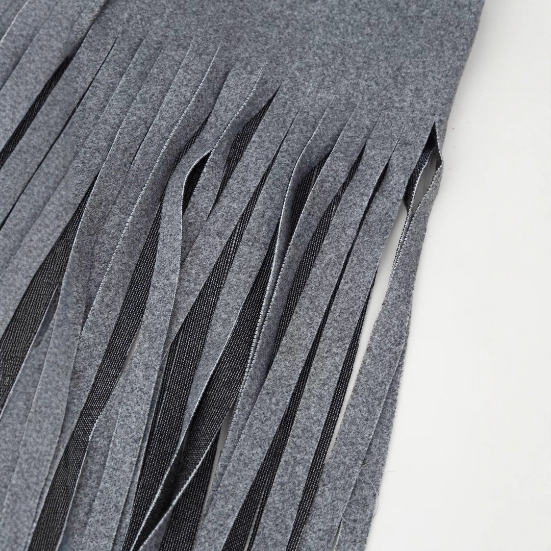 Women's Double-Breasted Wool Blend Coat with Fringe Hem and Draped Lapel Mune Fashion