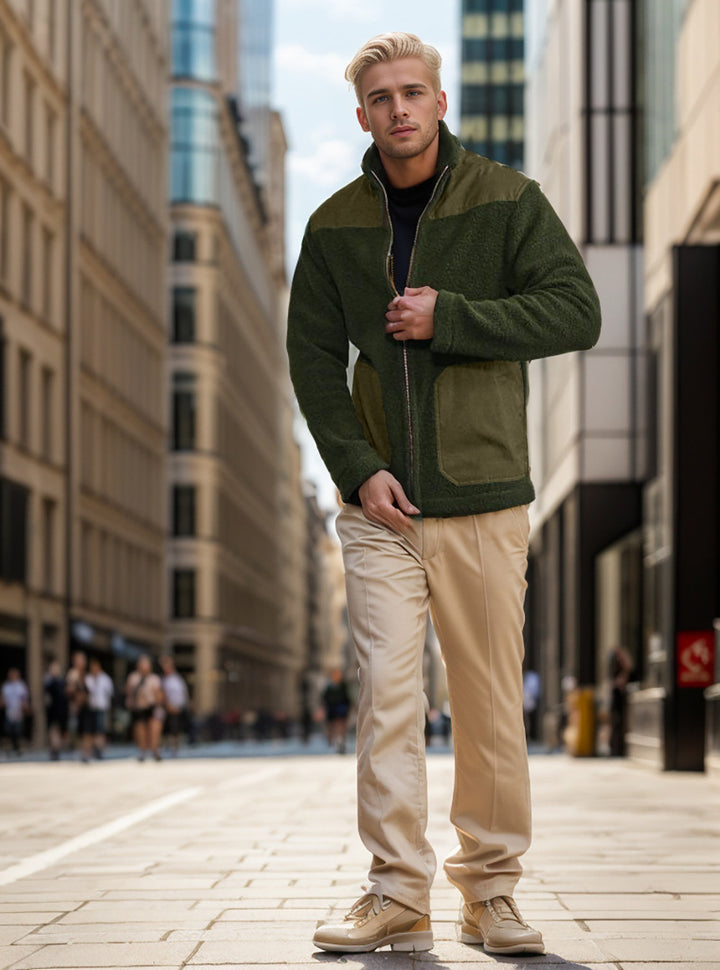 Men's fleece jacket with stand-up collar, two-material panel and zipper Mune Fashion