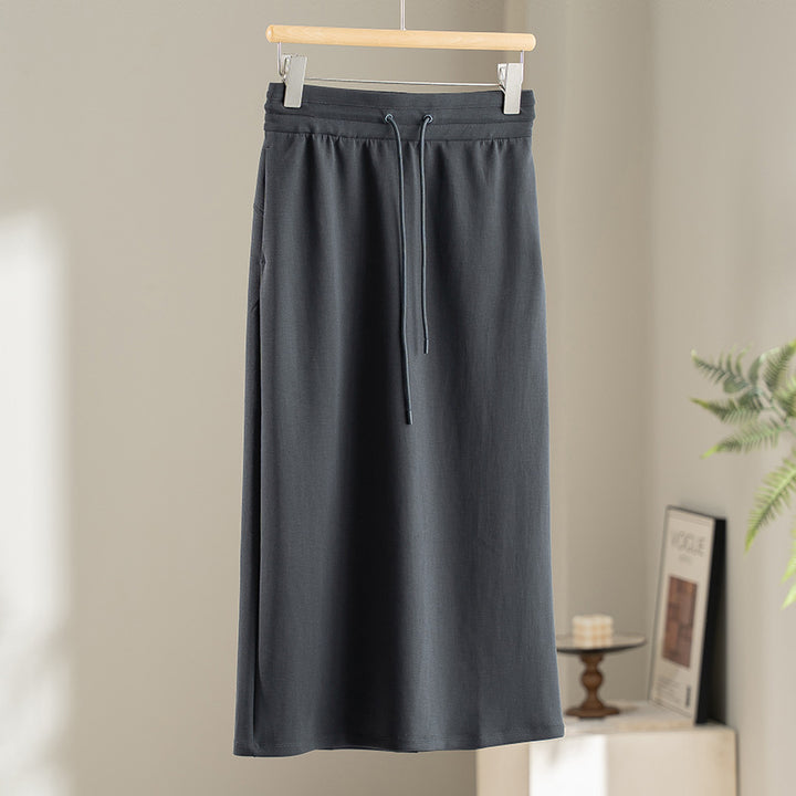 Women's midi skirt made of soft jersey with elastic waistband and drawstring Mune Fashion