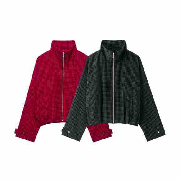 Women Checked Cropped Jacket with Stand-up Collar and Zipper Mune Fashion