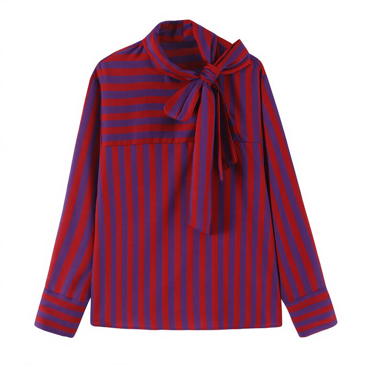 Women's Striped Long Sleeve Blouse with Bow Collar and Casual Fit Mune Fashion