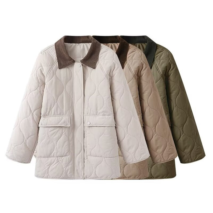 Ladies quilted jacket with cord collar, oversized boxy cut and snap front Mune Fashion