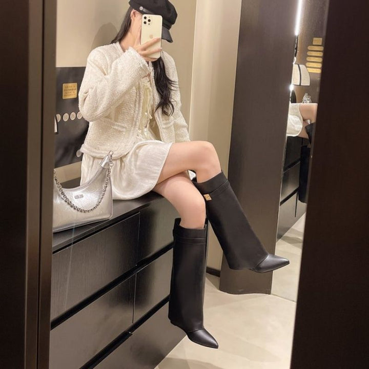 Women Modern Knee-High Boots with Hidden Wedge and Pointed Toe Mune Fashion
