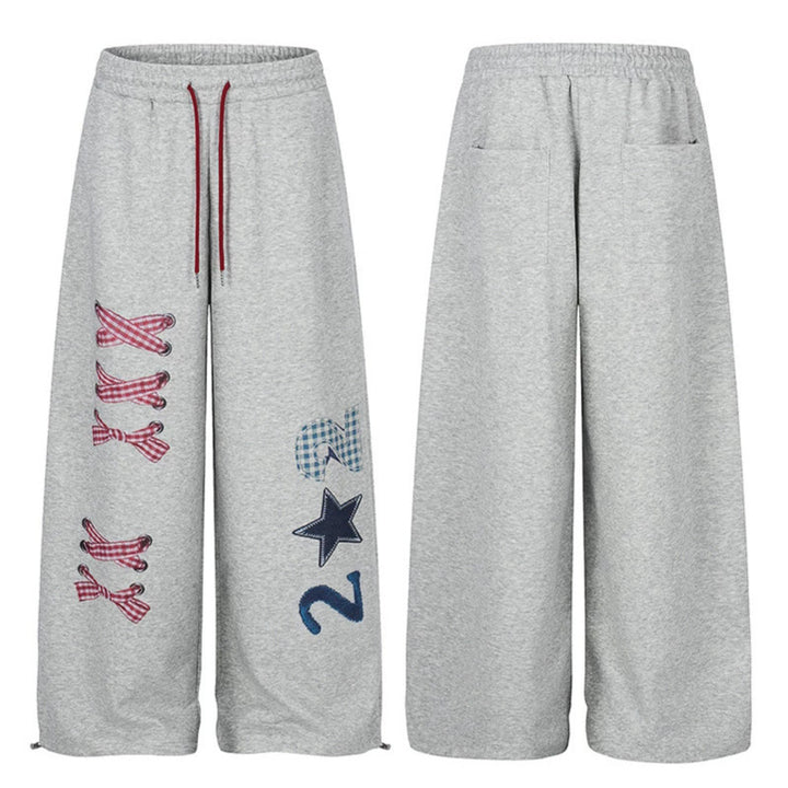 Women's Wide Palazzo Sweatpants with Plaid Pattern Applications, Drawstring Waistband and Adjustable Hem