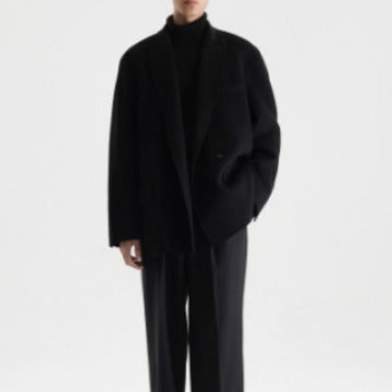 Men's Boxy Wool Blend Short Coat with Double Button and Notched Lapel Mune Fashion