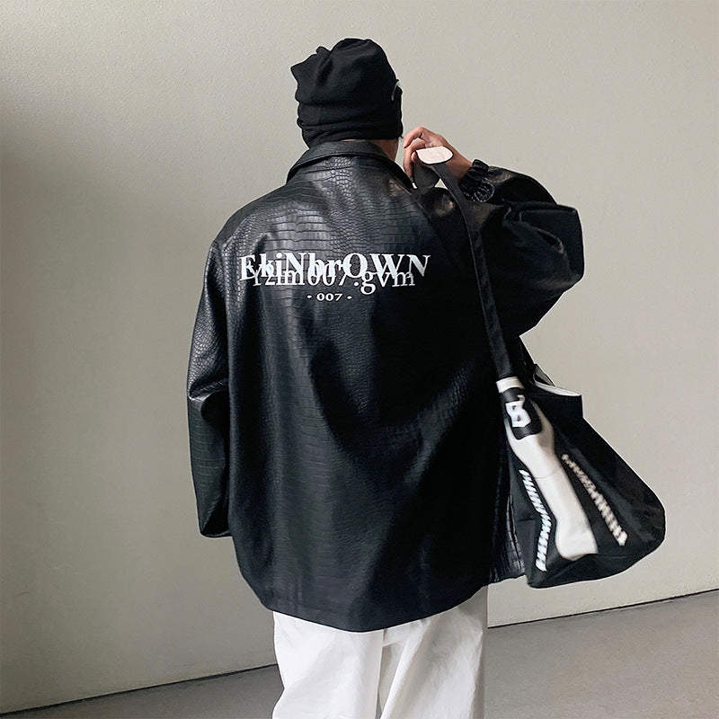 Men's Oversized Faux Leather Jacket with Crocodile Embossing and Back Logo Mune Fashion