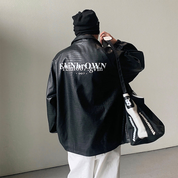 Men's Oversized Faux Leather Jacket with Crocodile Embossing and Back Logo Mune Fashion