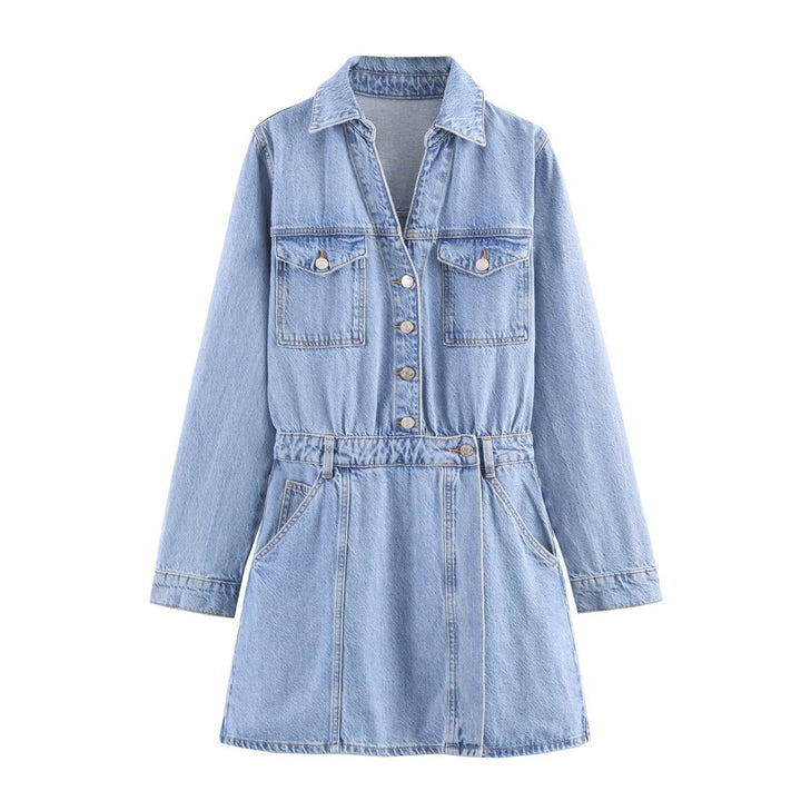Women's Tailored Denim Dress with Tie Belt, Shirt Blouse Collar and Flap Pockets Mune Fashion