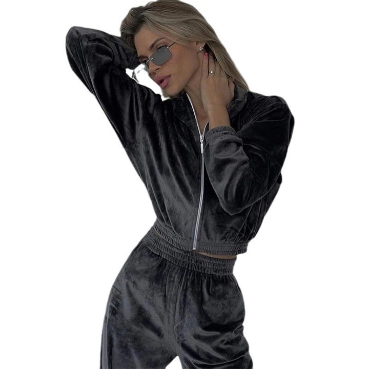 Women's Cropped Velour Jogging Set with Half Zipper, Gathered Comfort Waistband and Wide Cuffs Mune Fashion