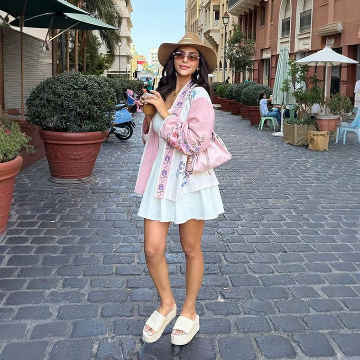 Women Embroidered Lightweight Kimono Jacket with Floral Appliqués and Open Fall Mune Fashion