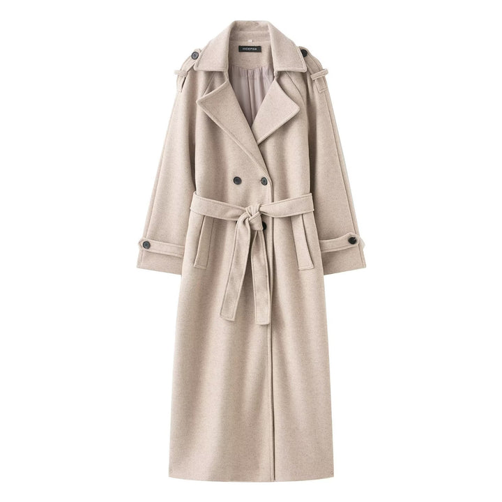 Women 100+ double-breasted maxi long coat in trench style with tie belt Mune Fashion
