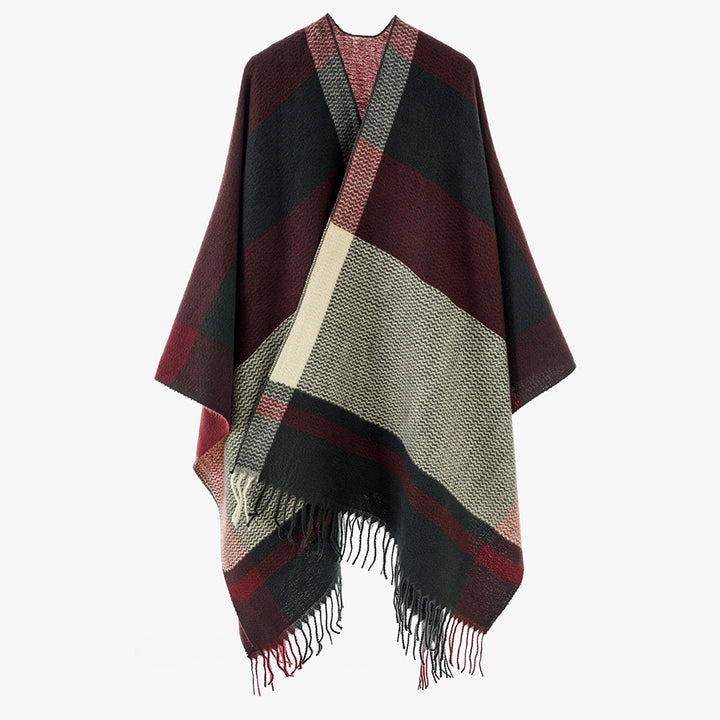 Women Oversized Wool Blend Wrap with V-Neck and Fringe Mune Fashion