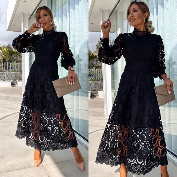 Women's crocheted midi dress with stand-up collar, transparent lace sleeves, and fitted A-line Mune Fashion