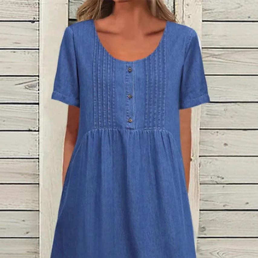 Ladies' knee-length dress in denim look with round neckline, chest piping and side inset pockets Mune Fashion