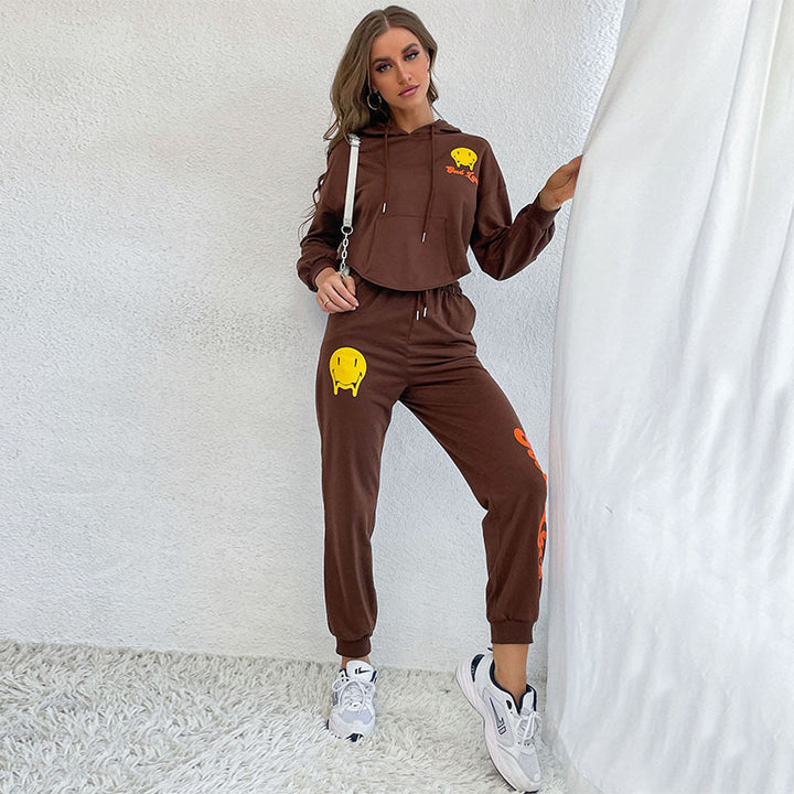 Ladies Cropped Hoodie and Jogging Pants Set with Smiley Print Mune Fashion