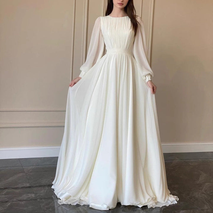 Mune Fashion | Transparent White Wedding Dress Round Neck Long Sleeve Dress