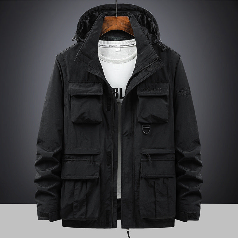 Men's multifunctional field jacket with hood and numerous pockets