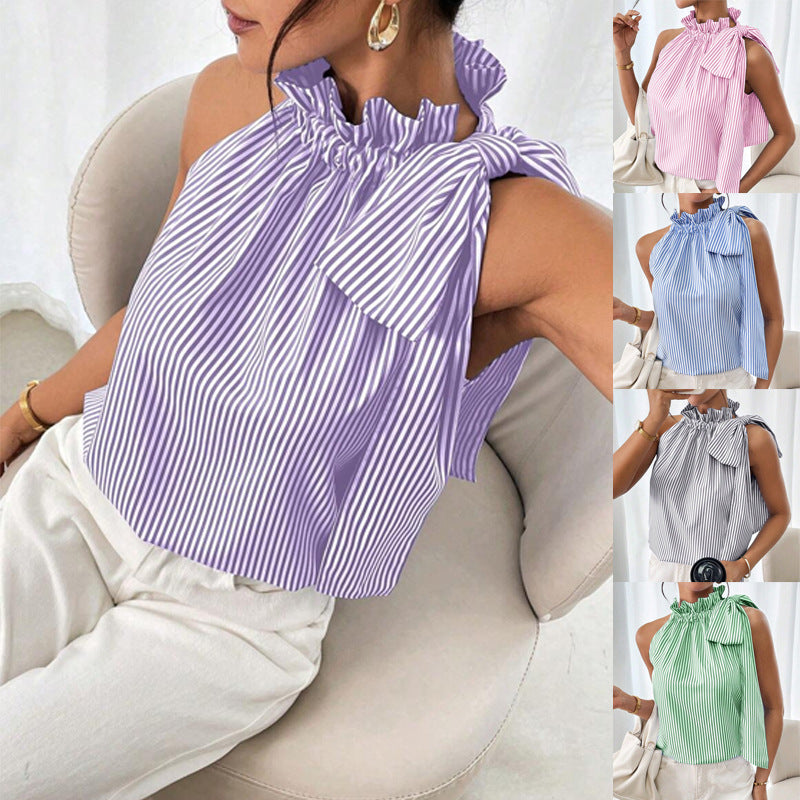 Women's Sleeveless Crepe Blouse with Gathered High Collar and Shoulder Bow Mune Fashion