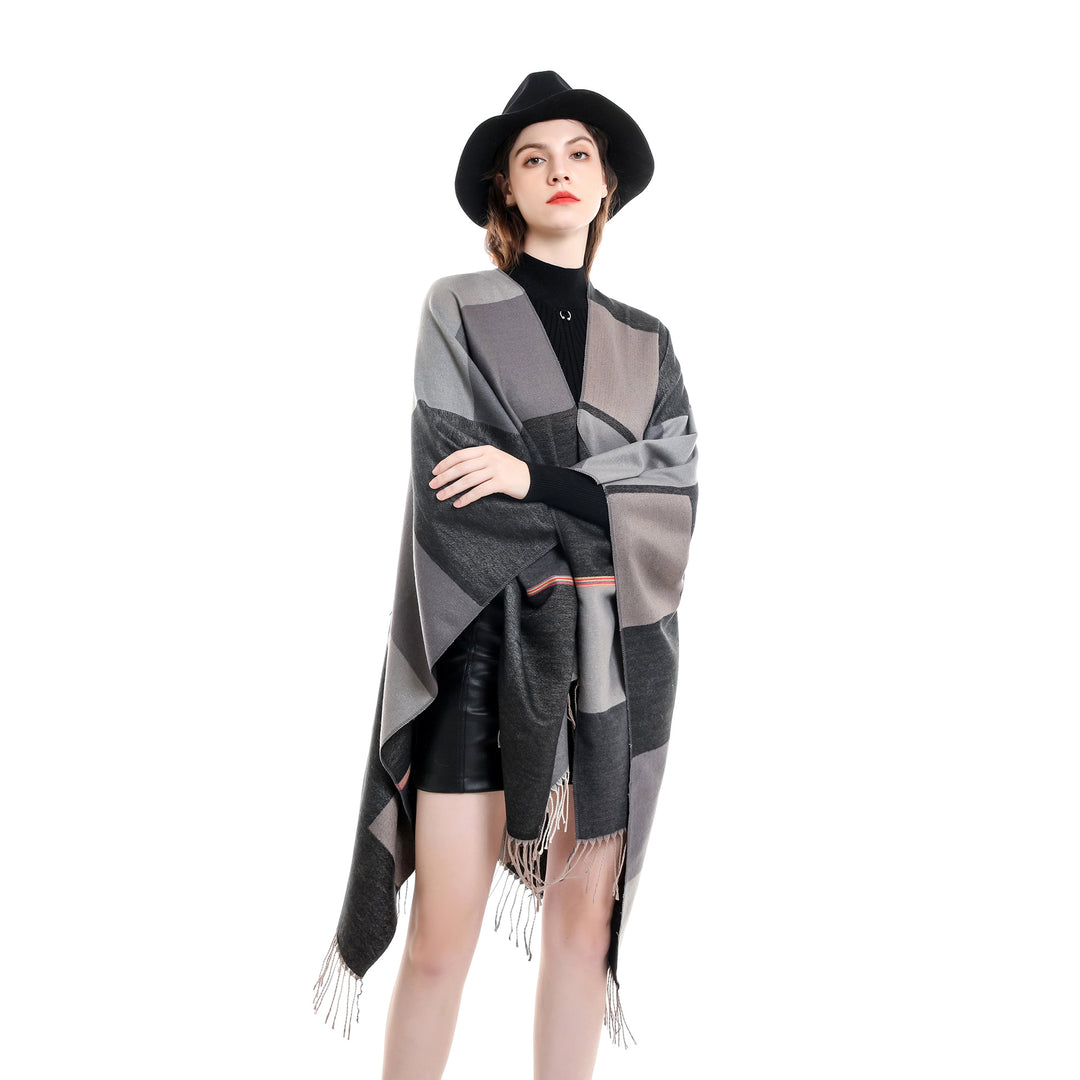 Ladies Lightweight Woven Ruana with Geometric Block Pattern and Fringe Hem Mune Fashion