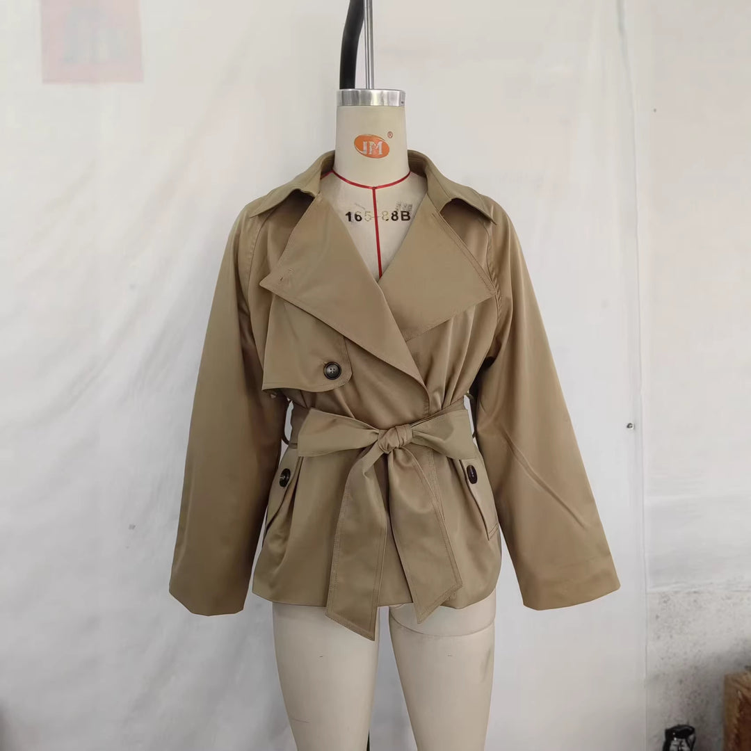 Women Cropped Waist Belt Trench Coat with Wide Lapels and Flap Pockets Mune Fashion