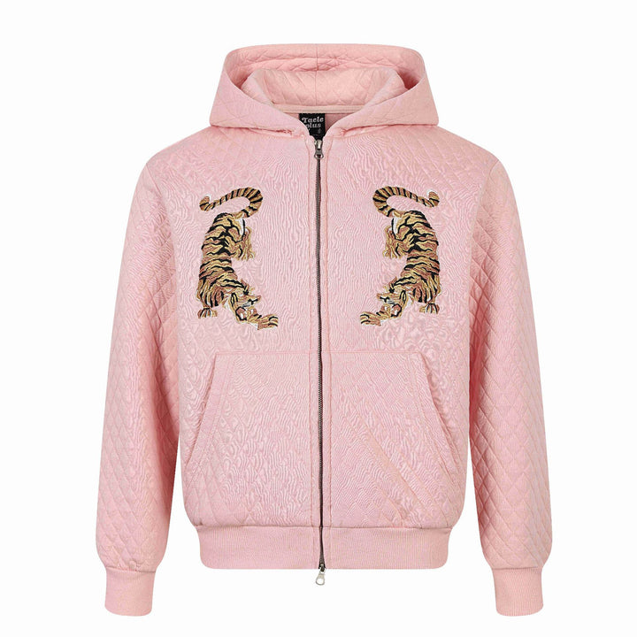 Unisex Quilted Hooded Jacket with Zipper, Kangaroo Pocket and Reflective Tiger Embroidery Mune Fashion