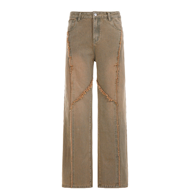 Women's high-waisted wide-leg jeans with raw hem seams, diagonal fringe trim, and relaxed fit Mune Fashion