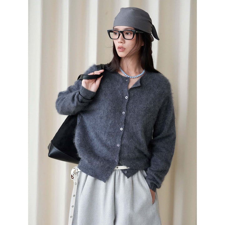 Women's short cardigan made of fluffy mohair mix with button placket and round neck