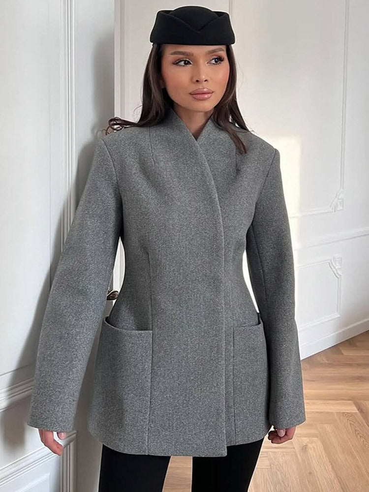 Women's Figure-Hugging Wool Blend Coat in Cocoon Cut with Concealed Button Placket Mune Fashion