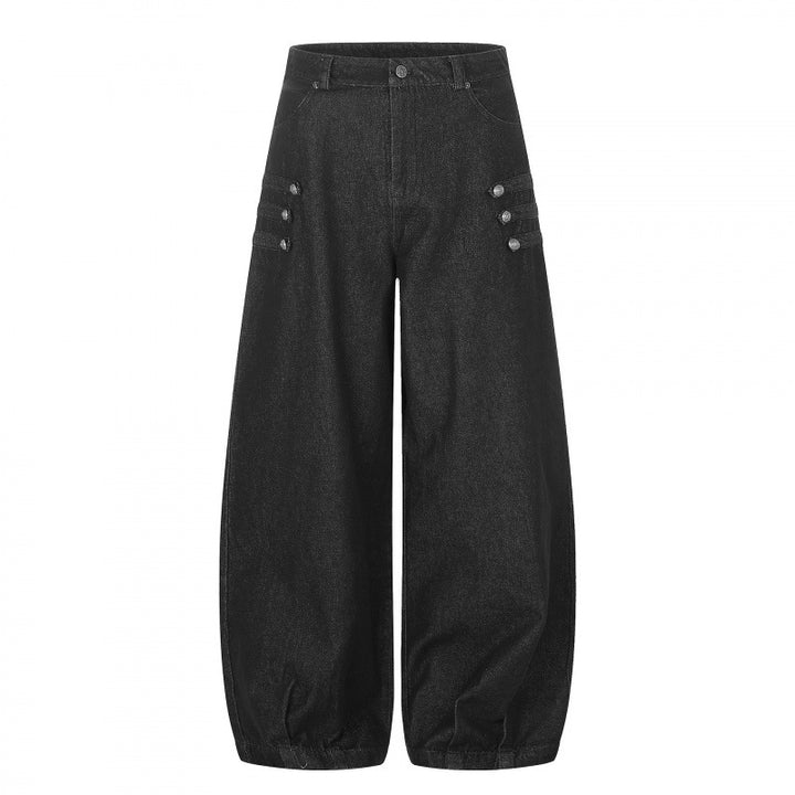 Women's high-waisted balloon jeans with wide leg, button detail and elastic hem Mune Fashion